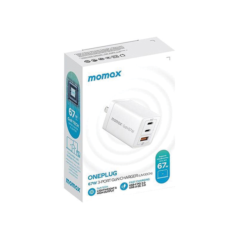 MOMAX OnePlug 67W 3-Port GaN Wall Charger – White - Image 3