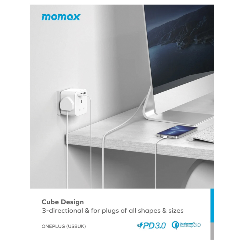 MOMAX OnePlug 3-Outlet Cube Extension Socket – 20W PD – 2×USB-A + USB-C – US8UKE – Grey - Image 3
