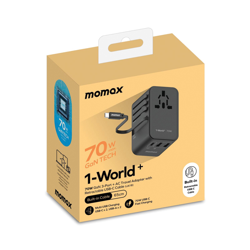 MOMAX 1-World+ 70W GaN 3-Port Travel Charger with Built-in USB-C Cable – Black - Image 4