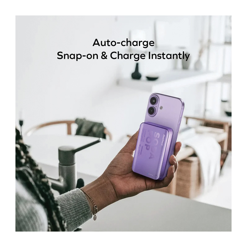MOMAX 1-Power Pass 10000mAh Magnetic Wireless Power Bank – 15W Wireless – 20W USB-C PD – IP166U – Purple - Image 4