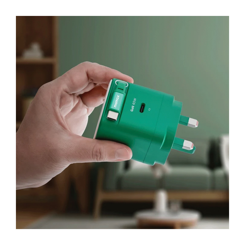 MOMAX 1-Charge+ 65W GaN Charger – Built-in Retractable USB-C Cable – UM76UKG – Green - Image 4