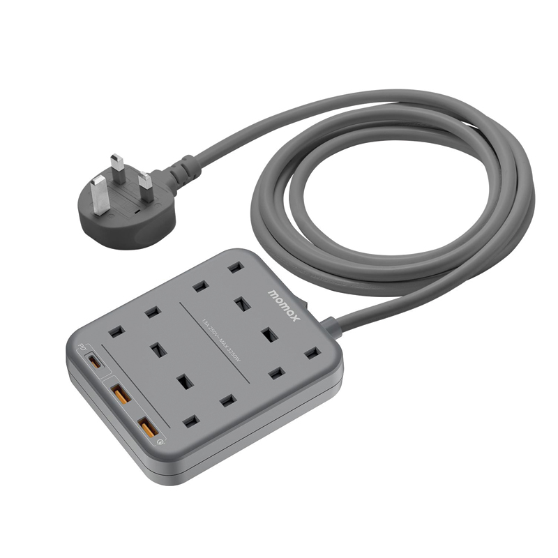 MOMAX OnePlug 4-Outlet Power Strip with USB – Grey - Image 4